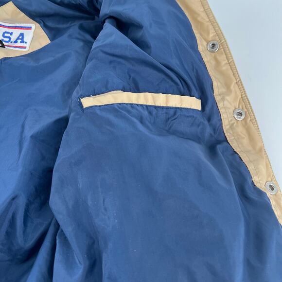 tan puffer vest with navy trim - Picture 3 of 5